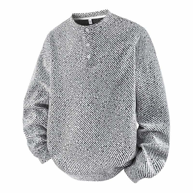 Buddha Stones Fall Crew Neck Stripes Button Men's Sweatshirt Pullover