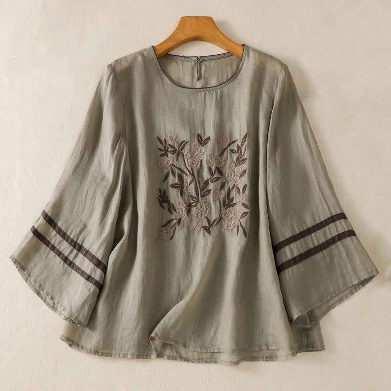 Buddha Stones Retro Embroidery Floral Three Quarter Sleeve Women's Cotton T-Shirt