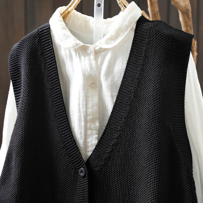 Buddha Stones Figure Rabbit Tree Embroidery Buttons Women's Sleeveless Cotton Knitted Vest Waistcoat