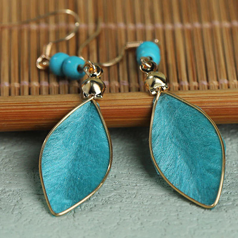 Buddha Stones Boho Handcrafted Silk Art Bead Leave Shape Good Fortune Hook Dangle Earrings