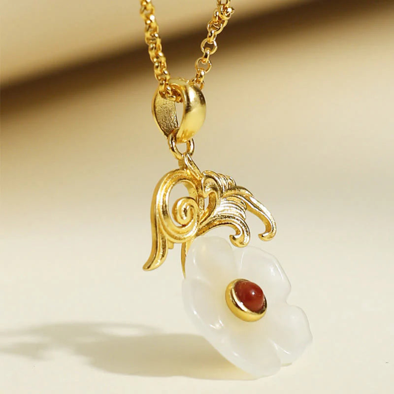 Buddha Stones Hetian Jade Flower 925 Sterling Silver Luck Necklace Pendant