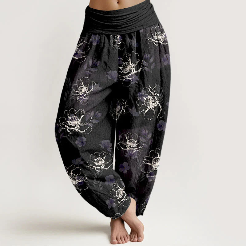 Buddha Stones Cotton Exquisite Retro Flower Pattern Women's Elastic Waist Harem Pants