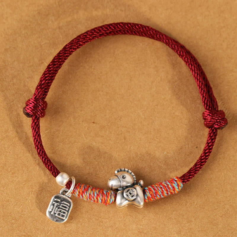 Buddha Stones 999 Sterling Silver Year Of The Horse Fu Character Charm String Braided Luck Bracelet