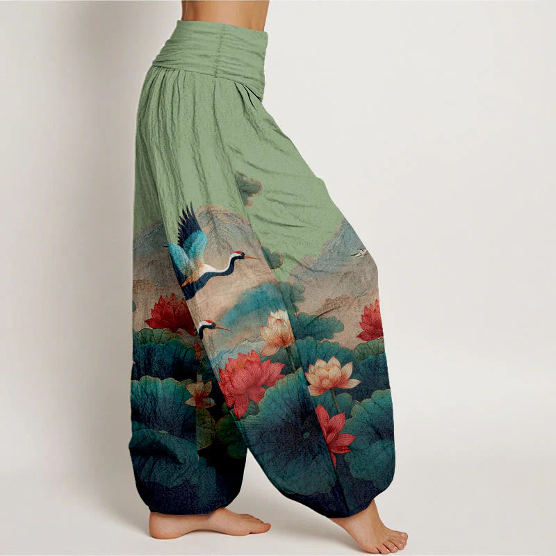 Buddha Stones Cotton Classical Lotus Flower Leaf Crane Mountain Pattern Women's Elastic Waist Harem Pants