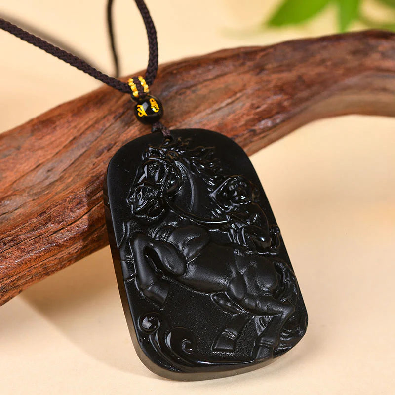 Buddha Stones Year of the Horse Natural Black Obsidian Strength Necklace Pendant