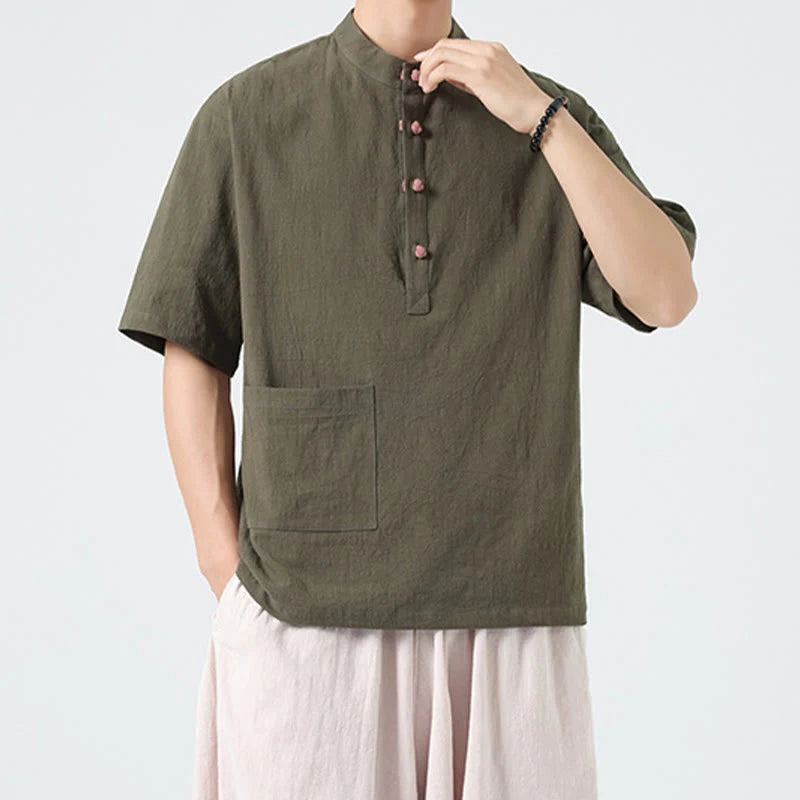 Buddha Stones Casual Half Frog-Button Design Stand Collar Tang Suit Men's Half Sleeve Cotton Shirt With Pocket