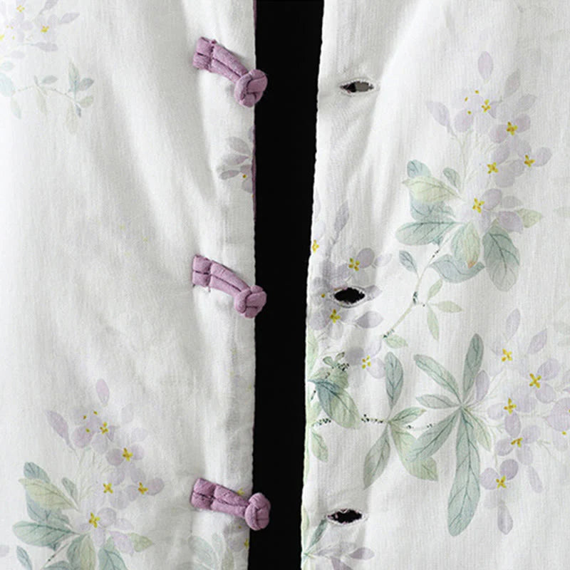 Buddha Stones Women's Printing Flower Pattern Long Sleeve Frog-buttons Cotton Jacket