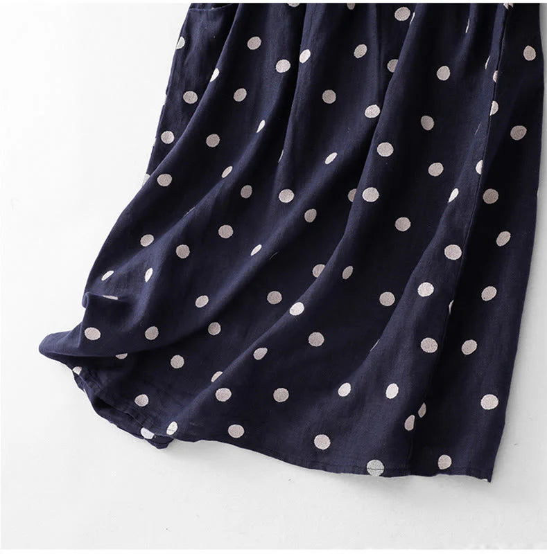 Buddha Stones Polka Dot V-Neck Lace-up Cotton Linen Women's Midi Dress With Pockets