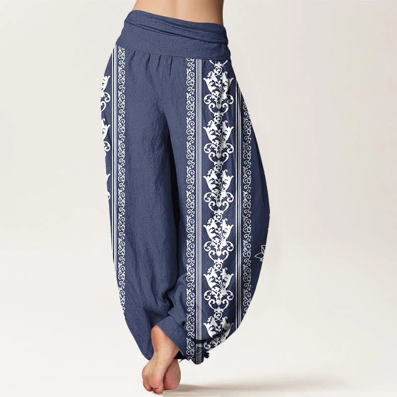 Buddha Stones Pure Cotton Lotus Flowers Double Dorje Vajra Namaste Om Design Women's Elastic Waist Harem Pants