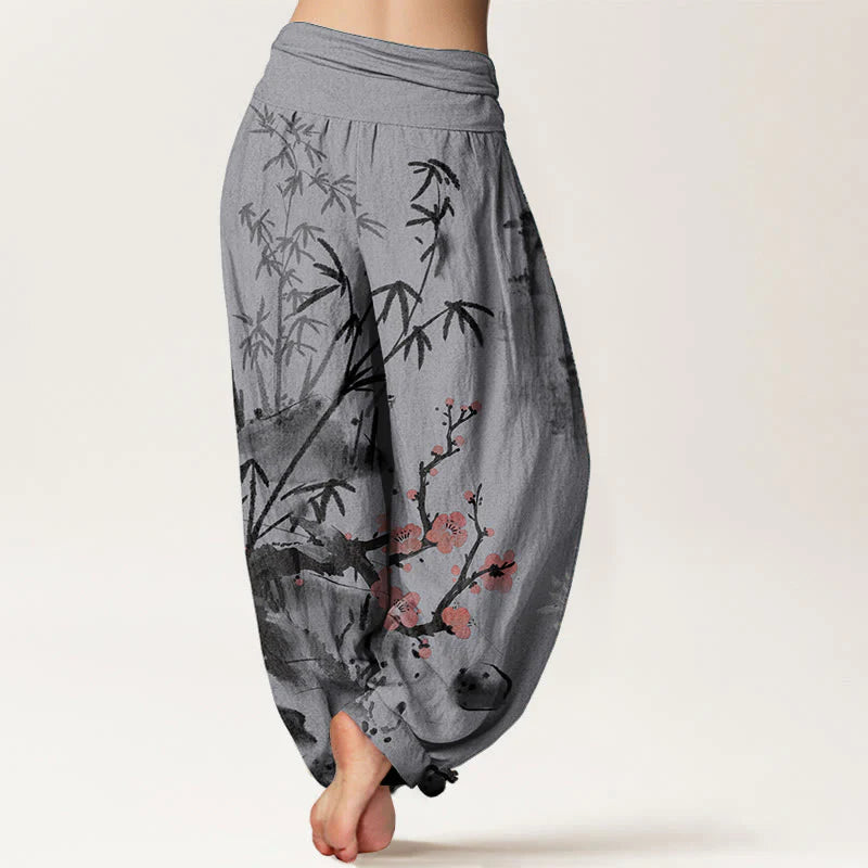 Buddha Stones Pure Cotton Plum Blossoms Bamboo Orchids Chrysanthemums Pattern Women's Elastic Waist Harem Pants
