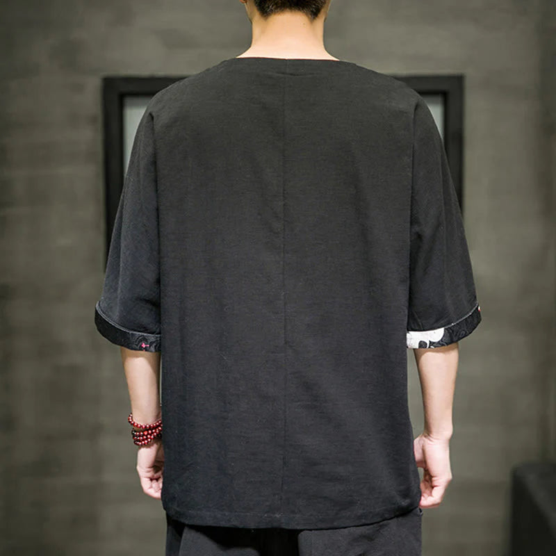 Buddha Stones Summer Retro Solid Color Patchwork Design Men's Three Quarter Sleeve Cotton Linen T-Shirt