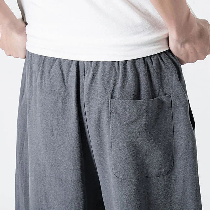Buddha Stones Drawstring Elastic Waist Ankle-Length Men's Cotton Pants With Pockets