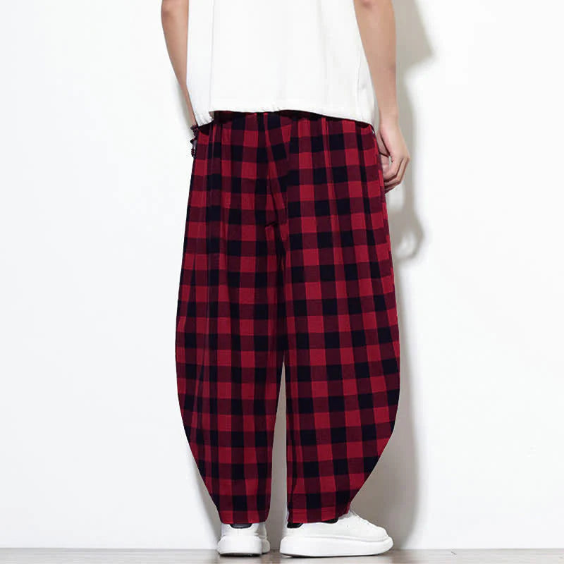 Buddha Stones Summer Plaid Pattern High Waist Drawstring Men's Harem Pants With Pockets