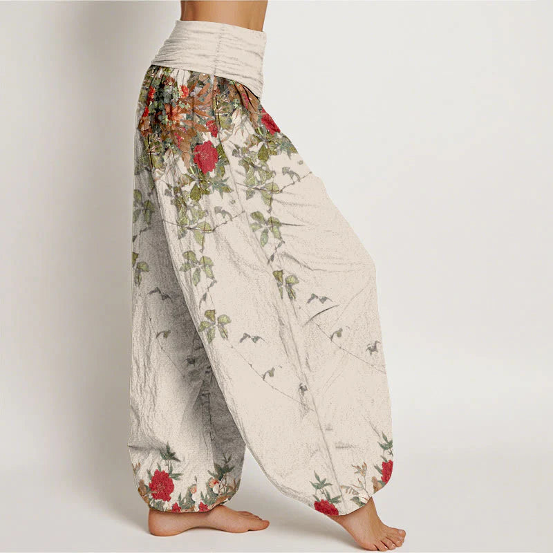 Buddha Stones Pure Cotton Colourful Flower Leaves Patterns Women's Elastic Waist Harem Pants