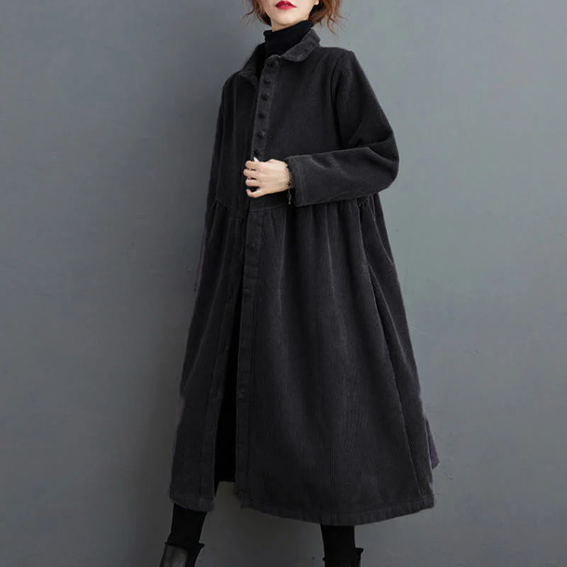 Buddha Stones Plain Buttons Long Sleeve Women's Cotton Corduroy Fleece-Lined Coat With Pockets