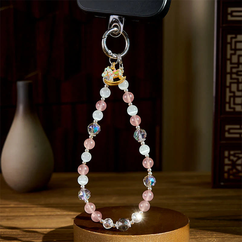 Buddha Stones Year of the Horse Strawberry Quartz White Cat's Eye Key Chain Phone Hanging Decoration