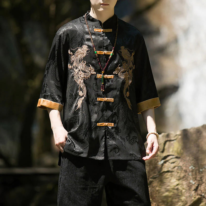 Buddha Stones Embroidered Dragon Pattern Colorblock Design Tang Suit Men's Frog-Button Half Sleeve Shirt