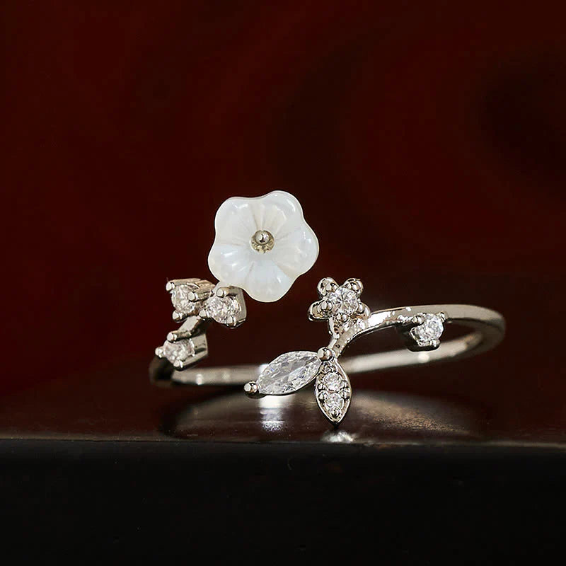 Buddha Stones White Flower Design Adjustable Healing Copper Ring