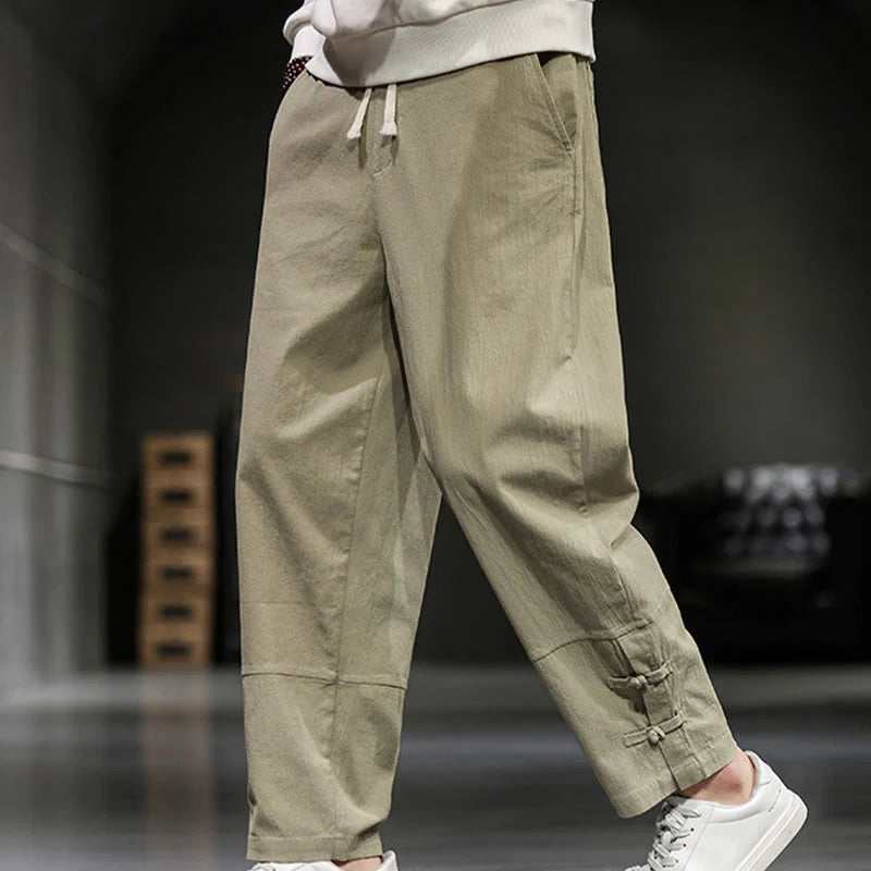 Buddha Stones Drawstring Elastic Waist Frog-Button Ankle-Length Men's Cotton Pants With Pockets