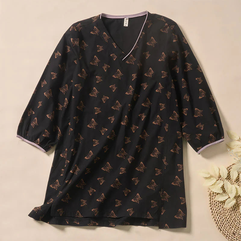 Buddha Stones Butterfly Pattern V-Neck Long Sleeve Women's Polyester Shirt