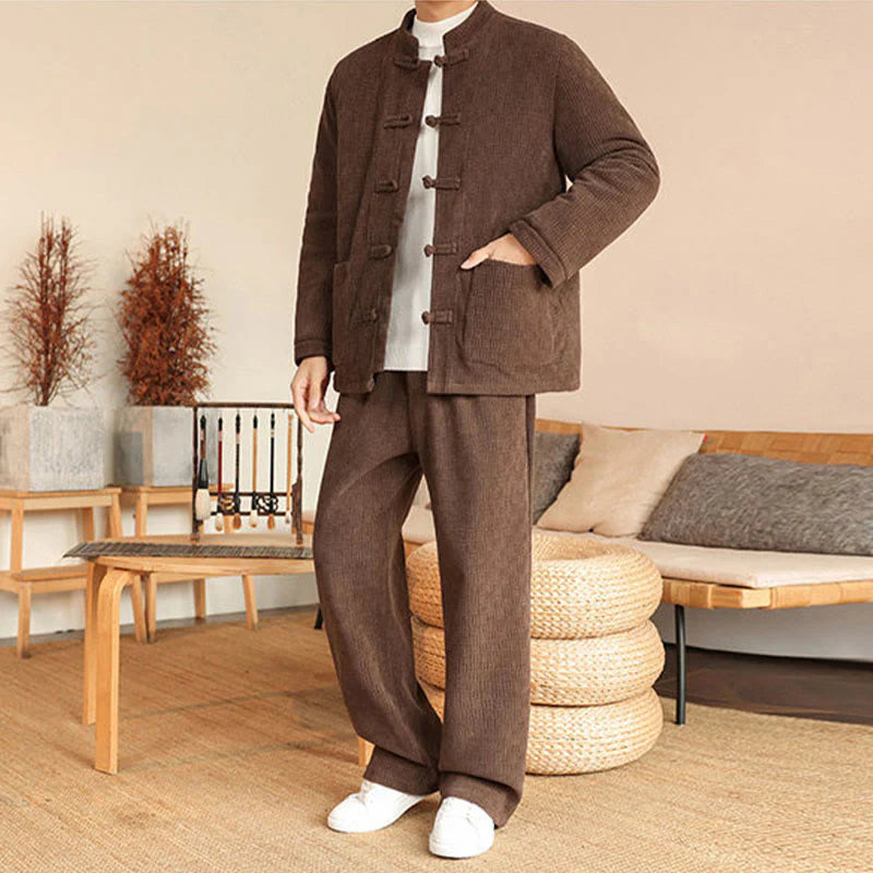 Buddha Stones 2Pcs Winter Solid Men's Tang Suit Frog-Button Cotton Long Sleeve Jacket Pants Set With Pockets