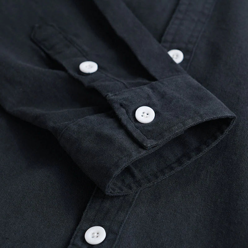 Buddha Stones Solid Buttons Down Decorative Pocket Men's Stand Collar Long Sleeve Cotton Shirt