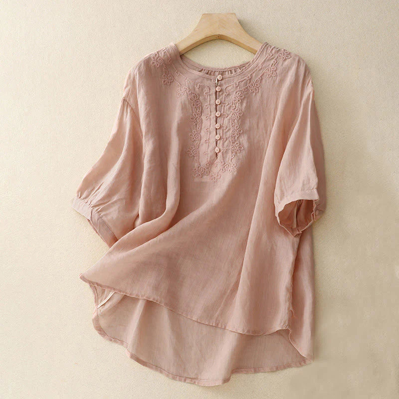 Buddha Stones Line Embroidery Button Crew Neck Half Sleeve Women's Cotton Shirt