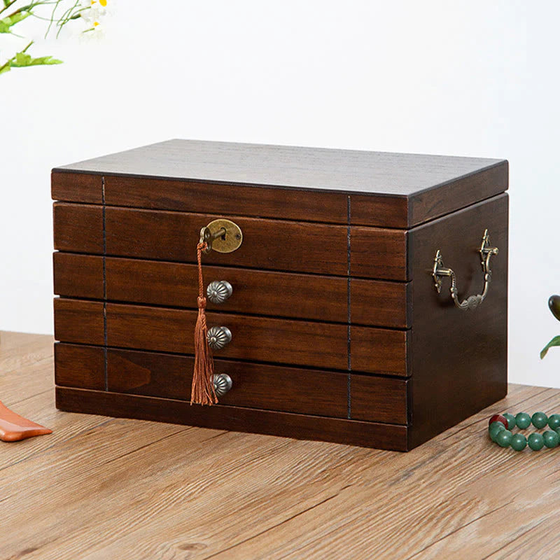 Buddha Stones Retro Solid Wood Jewelry Box Four-Layer Wooden Jewelry Storage Box