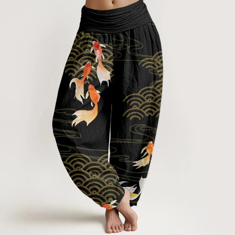 Buddha Stones Pure Cotton Red Koi Fish Fan-shaped Waves Women's Elastic Waist Harem Pants