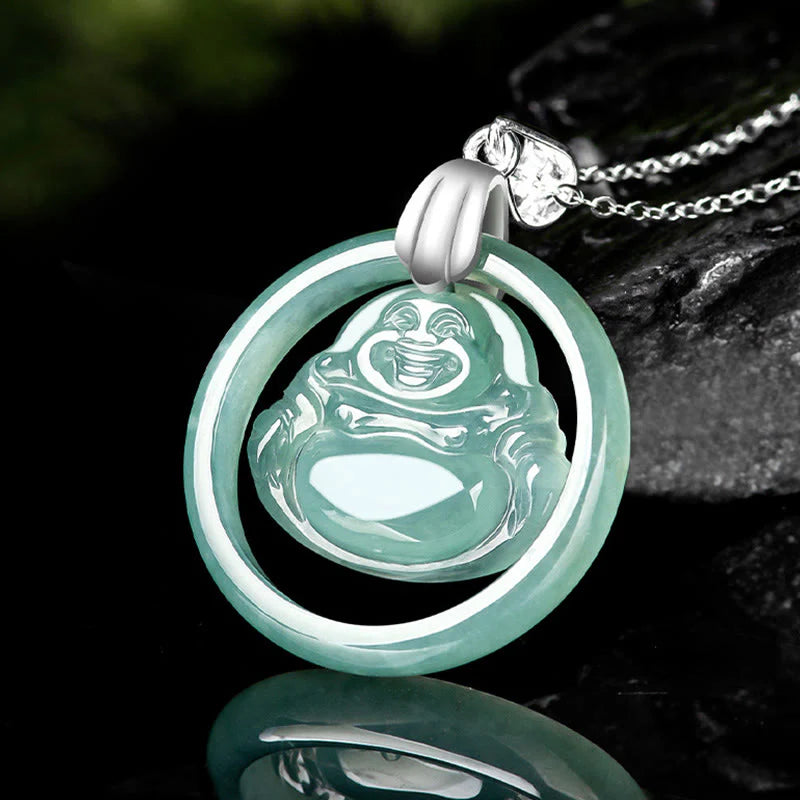 Buddha Stones Natural Jade Round Laughing Buddha Abundance Titanium Steel Chain Necklace Pendant
