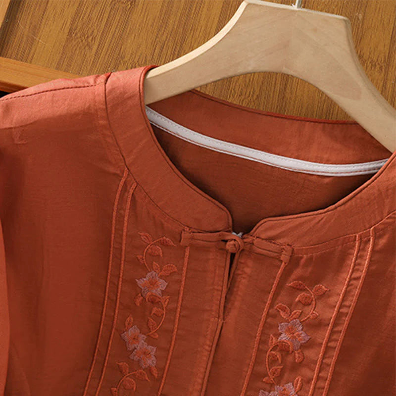 Buddha Stones Casual Embroidery Frog-Button Cotton Polyester Half Sleeve Women's Stand Collar Shirt