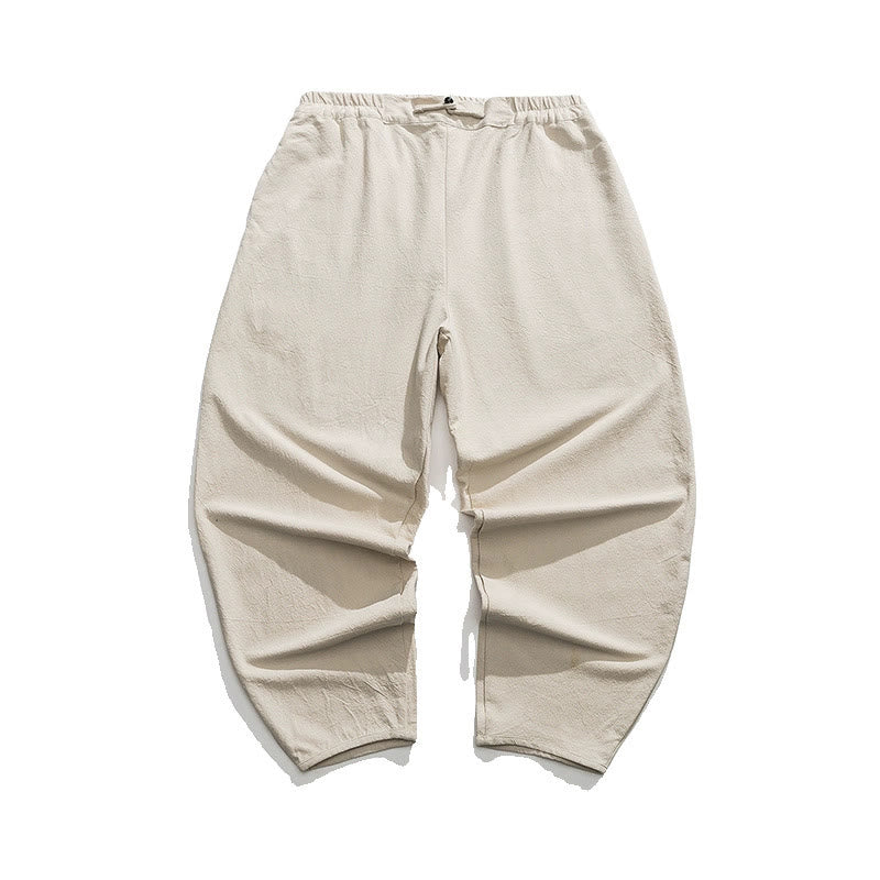 Buddha Stones Summer Plain One Chinese Frog-Button Straight Leg Design Men's Cotton Linen Pants With Pockets