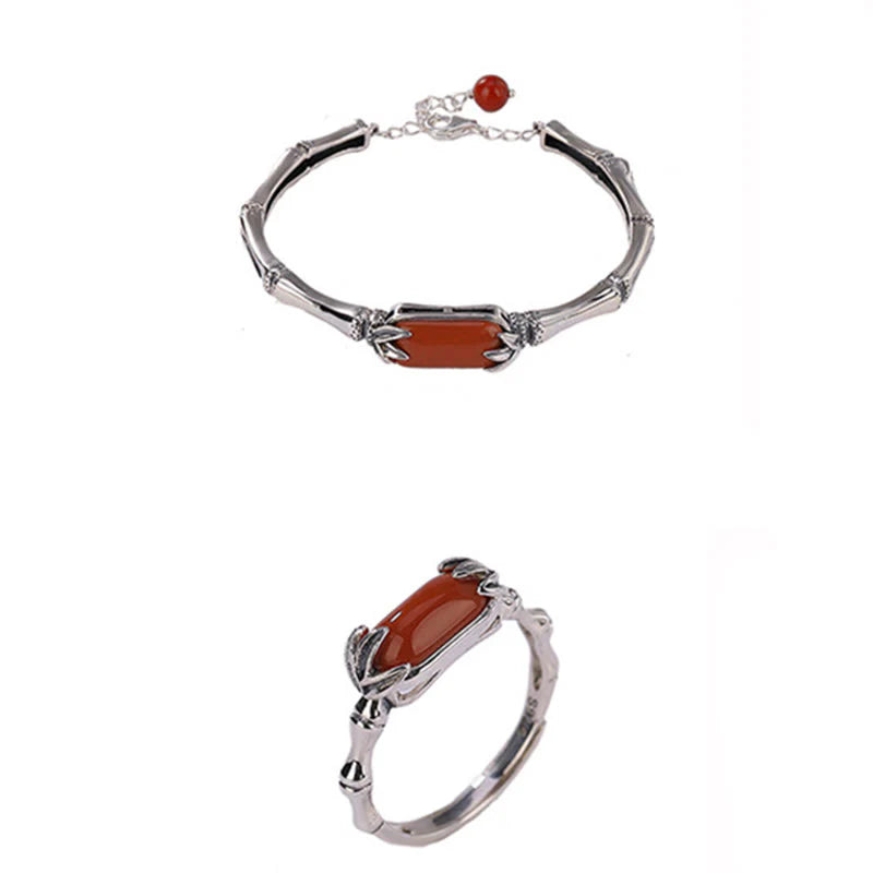 Buddha Stones 925 Sterling Silver Red Agate Bamboo Pattern Calm Bracelet Ring Jewelry Set (Extra 30% Off | USE CODE: FS30)
