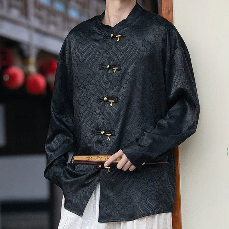Buddha Stones Chinese Frog-Button Bamboo Shape Design Stand Collar Men's Long Sleeve Shirt