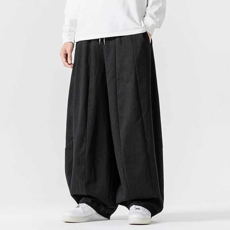 Buddha Stones Winter Commute Plain Drawstring Design Men's Wide Leg Cotton Pants With Pockets