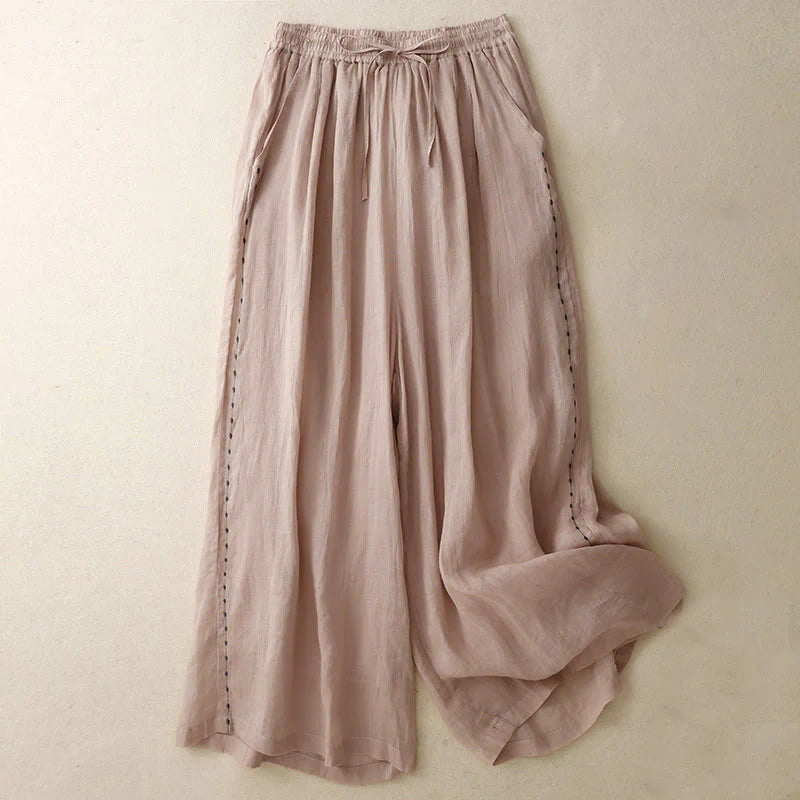 Buddha Stones Commute Solid Color Embroidery Drawstring Women's Wide Leg Ankle-Length Cotton Pants With Pockets