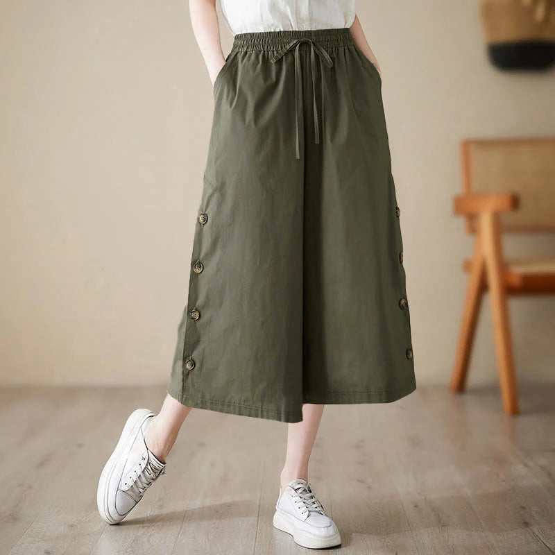 Buddha Stones Plain Buttoned Side Design Capri Cropped Women's Wide Leg Pants With Pockets