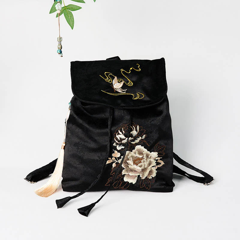 Buddha Stones Handmade Black Peony Embroidered Large Capacity Polyester Cotton Backpack
