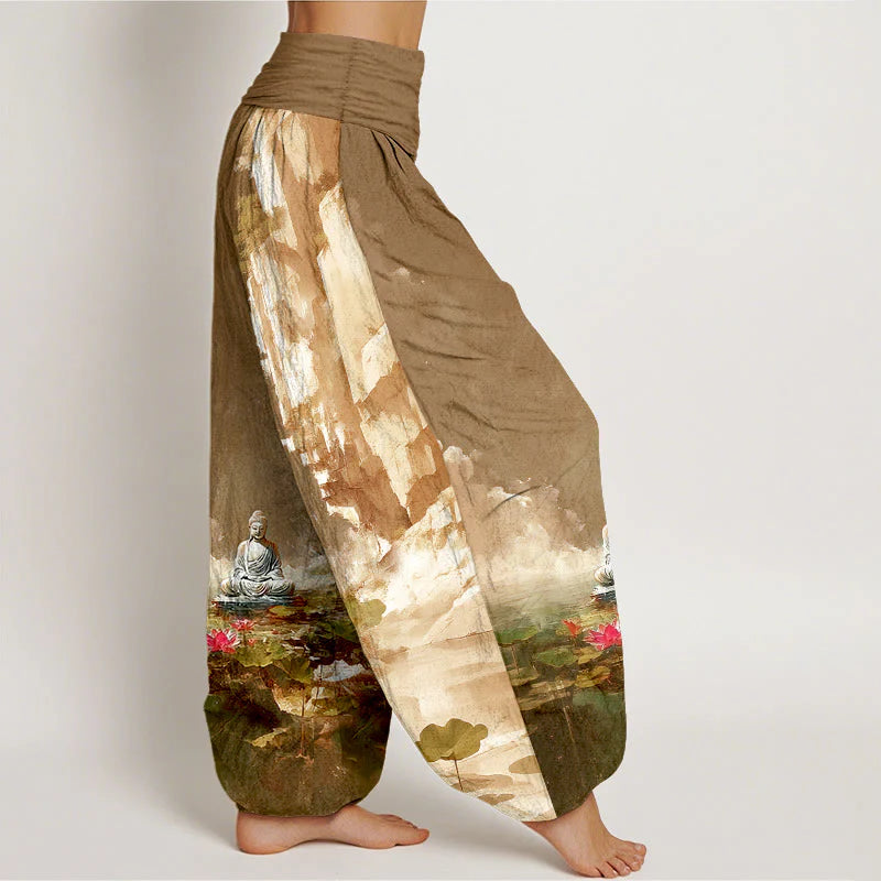 Buddha Stones Cotton Lotus Flower Leaf Rocks Water Surface Cloud Buddha Pattern Women's Elastic Waist Harem Pants