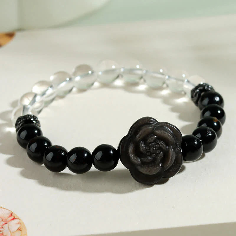 Buddha Stones Black Tourmaline Clear Quartz Carved Rose Flower Design Focus Bracelet
