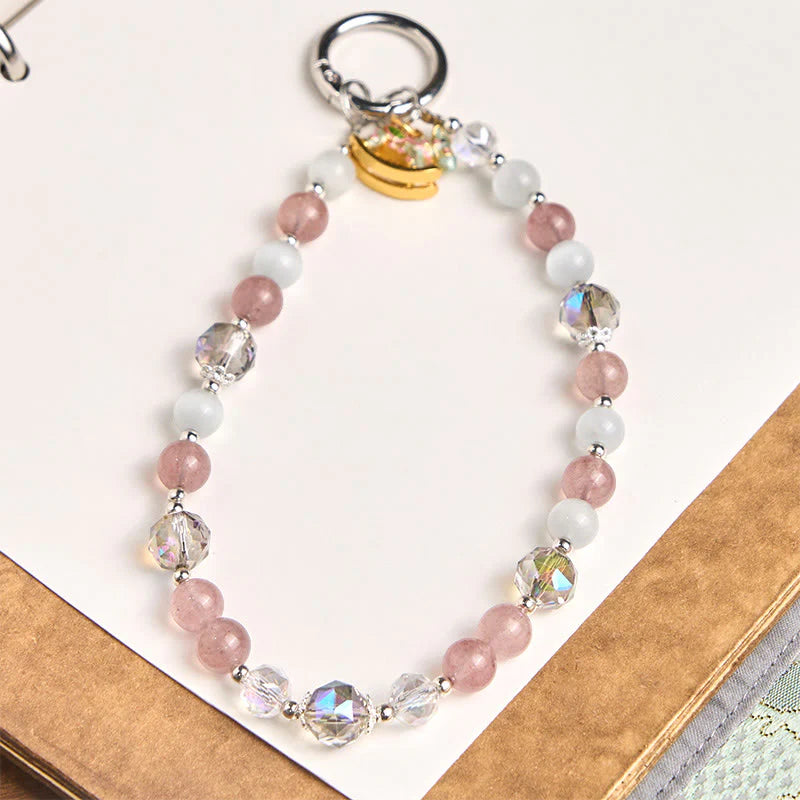 Buddha Stones Year of the Horse Strawberry Quartz White Cat's Eye Key Chain Phone Hanging Decoration
