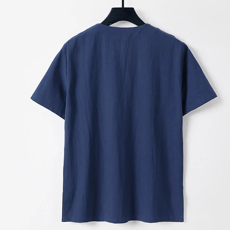 Buddha Stones Solid Color Frog-Button Short Sleeve Notched Collar Men's Cotton Linen T-Shirt