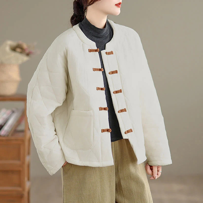 Buddha Stones Winter Frog-Button Diamond-shaped Lines Cotton Long Sleeve Women's Thermal Jacket With Pockets