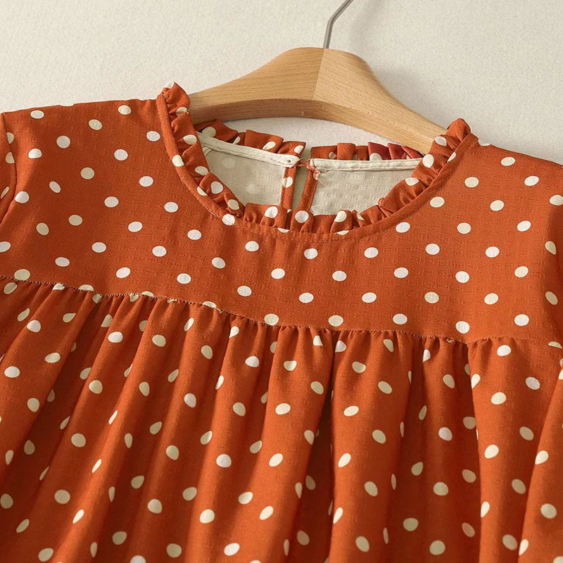 Buddha Stones Fall Polka Dot Design Crew Neck Long Sleeve Cotton Women's Midi Dress