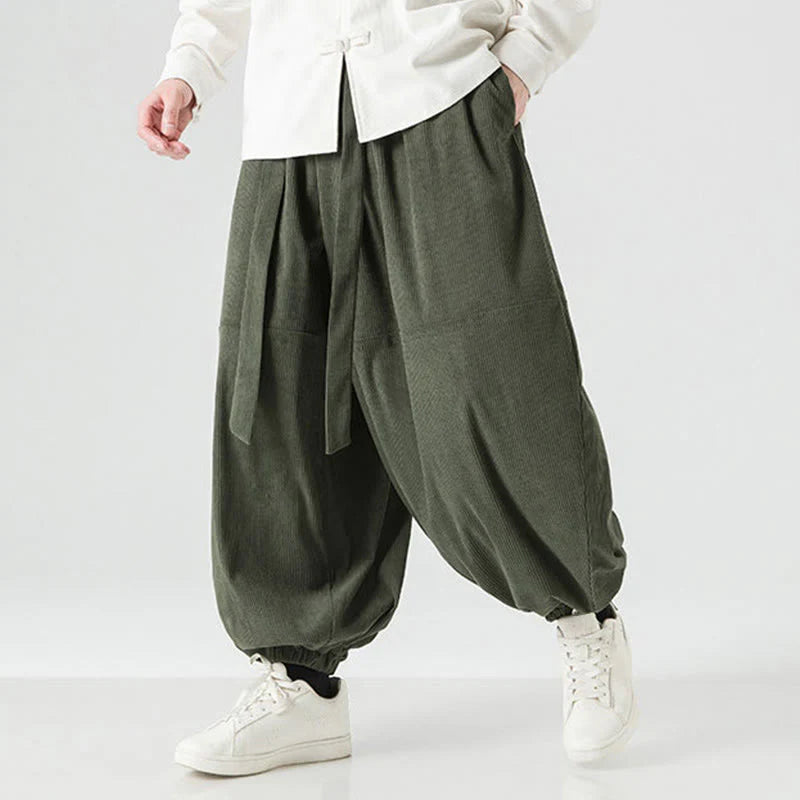 Buddha Stones Winter Solid Color Men's Harem Pure Cotton Corduroy Pants With Pockets
