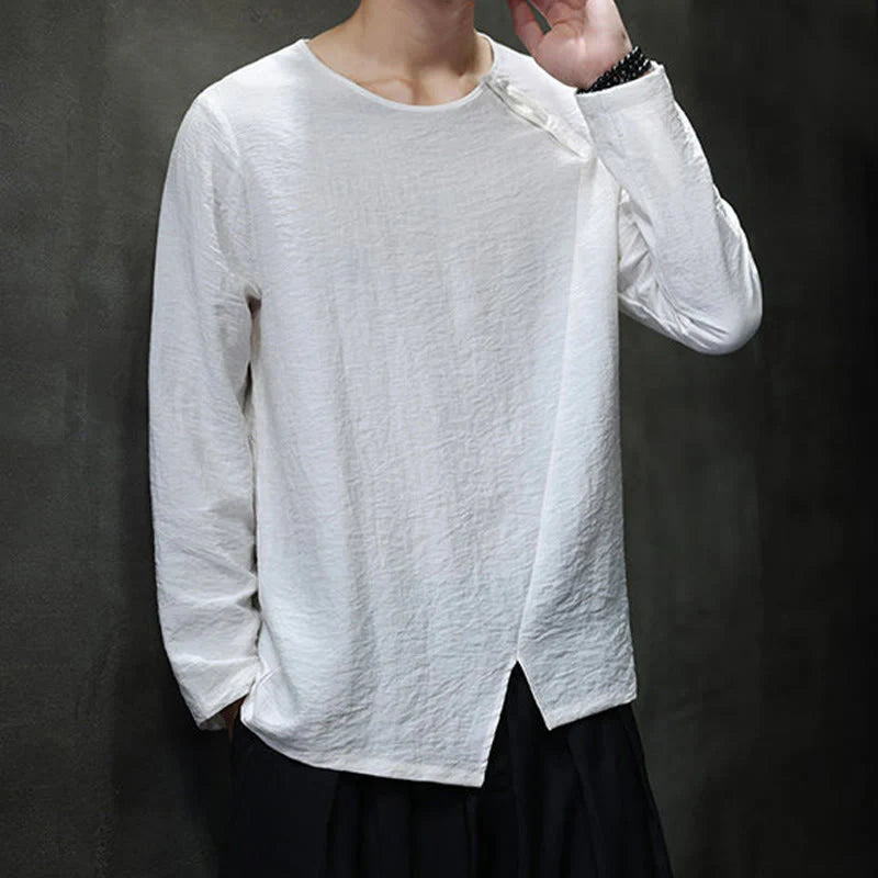 Buddha Stones Solid Color Loose Long Sleeve Round Neck Men's Shirts