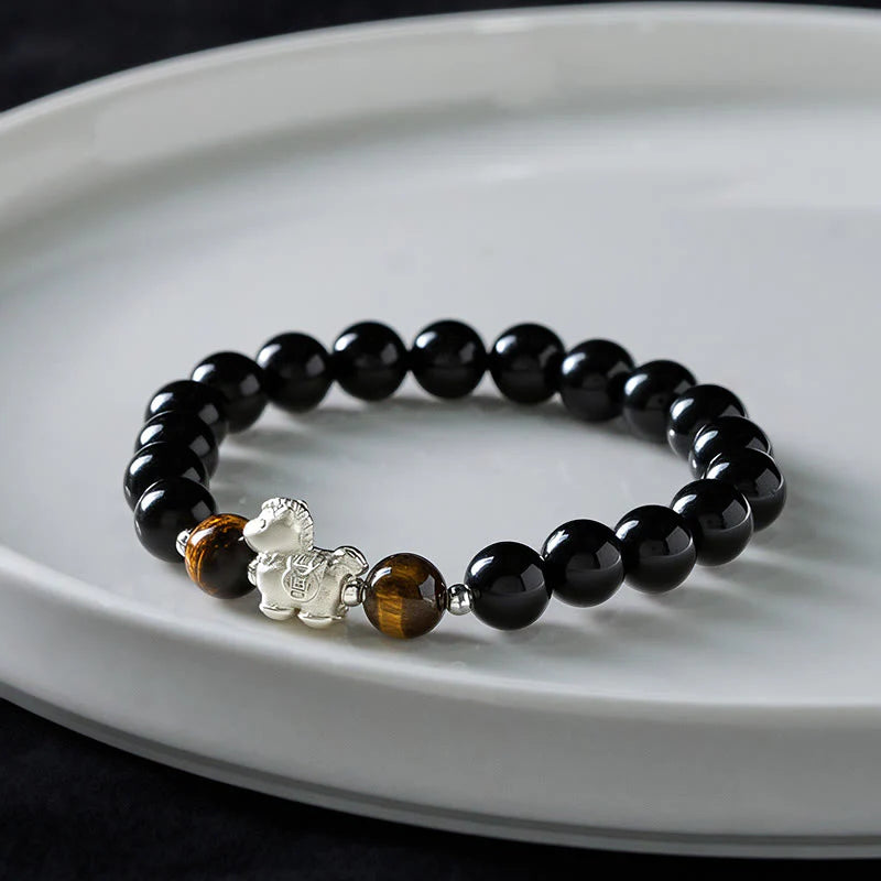 Buddha Stones Year Of The Horse 999 Sterling Silver Horse Charm Black Obsidian Tiger Eye Strength Bracelet