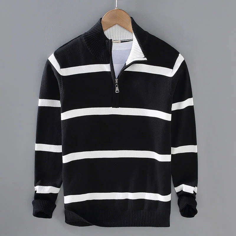 Buddha Stones Color Contrast Striped Half Zipper Design Cotton Men's Long Sleeve Sweater