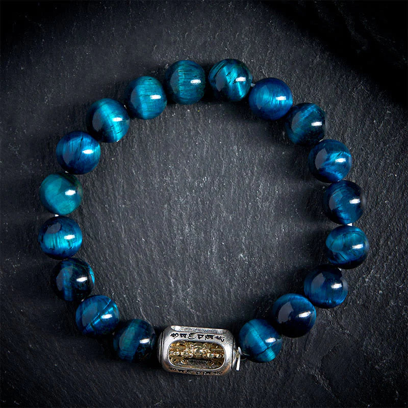 Buddha Stones Natural Blue Tiger Eye Om Mani Padme Hum Strength Bracelet