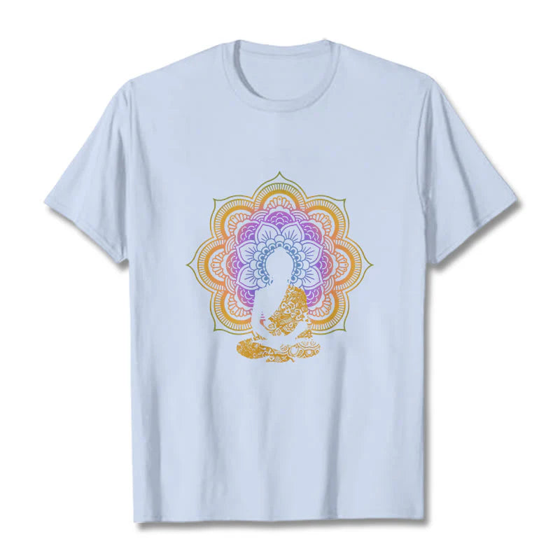 Buddha Stones Multicolor Mandala Flower Seated Buddha Pattern Tee T-shirt